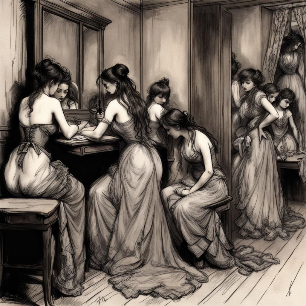 The madam of a brothel inspecting her girls in the dressing ...