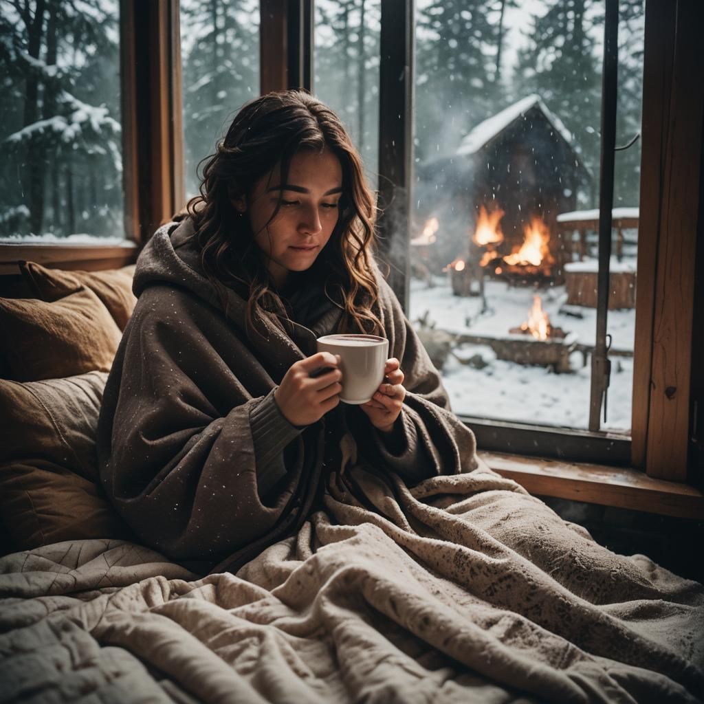 Girl Reading by Fireplace on Rainy Day