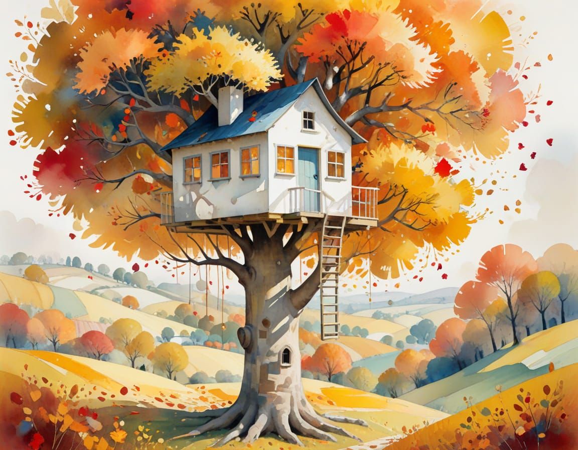 Autumn Orchard Treehouse in Watercolor Style