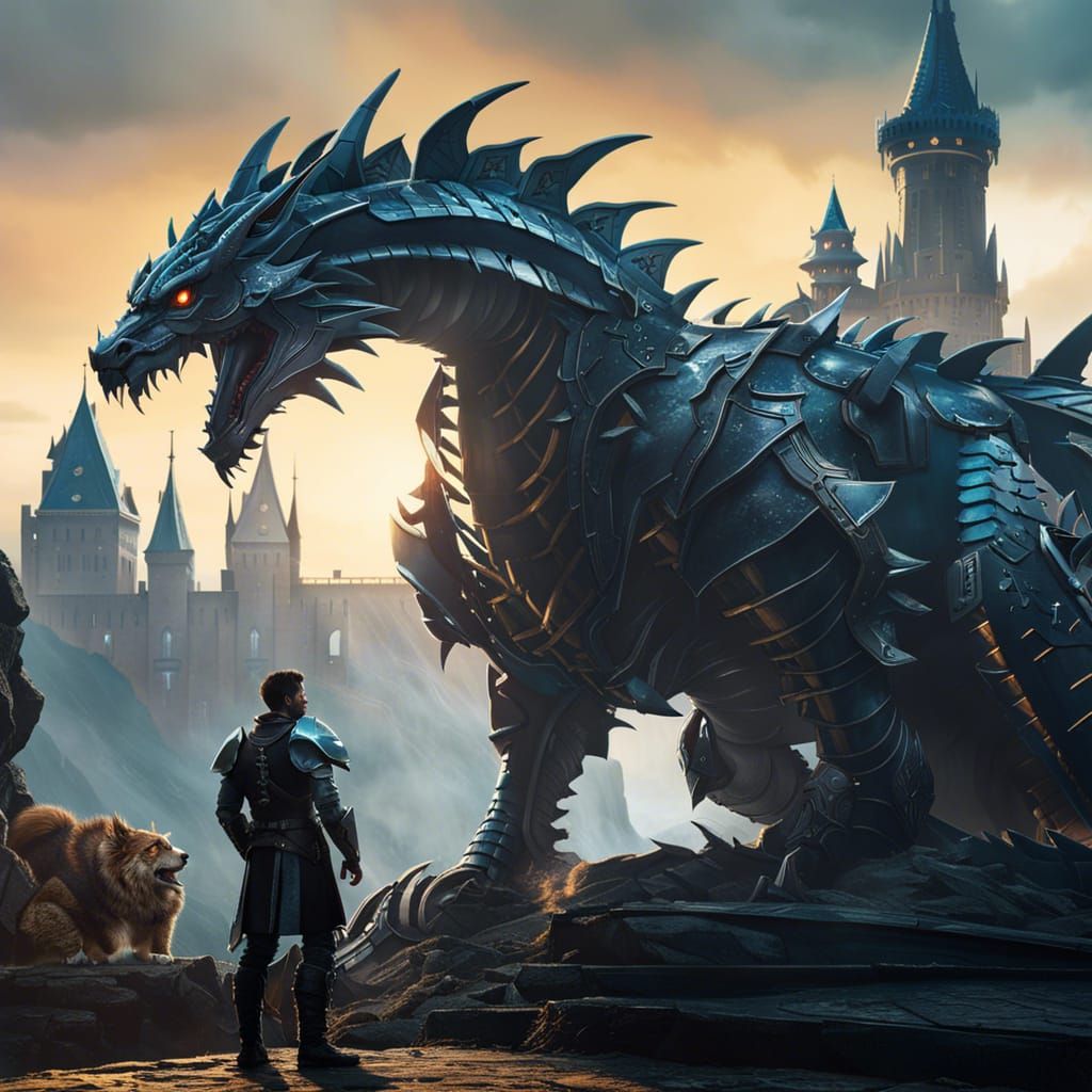 Knight vs Robot Dragon in Cyberpunk Fantasy