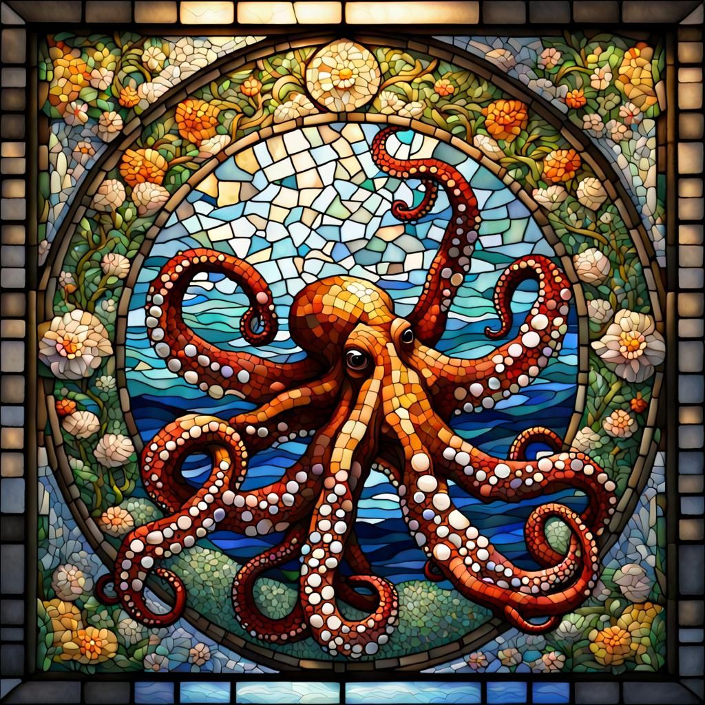 Intricate Octopus Mosaic Stained Glass Window Art