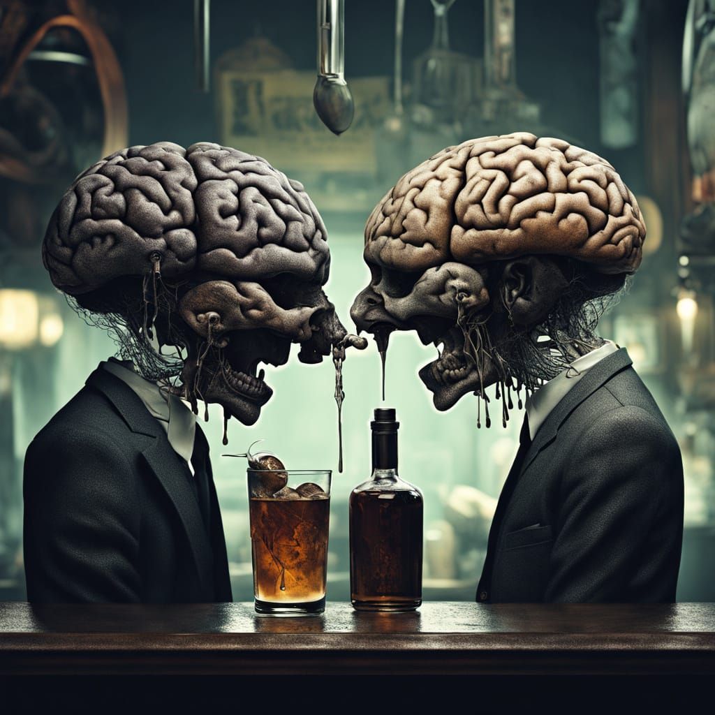 Surreal Dark Dive Bar Scene with Depressed Brain