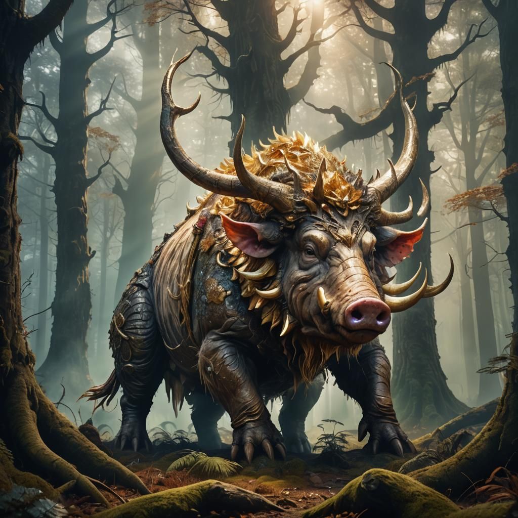 Golden Pork Creature in Misty Forest, Digital Art