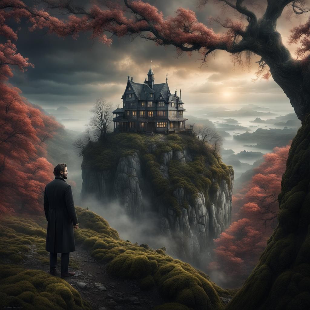 Cherry Blossom Tree on Cliff with Man in Suit