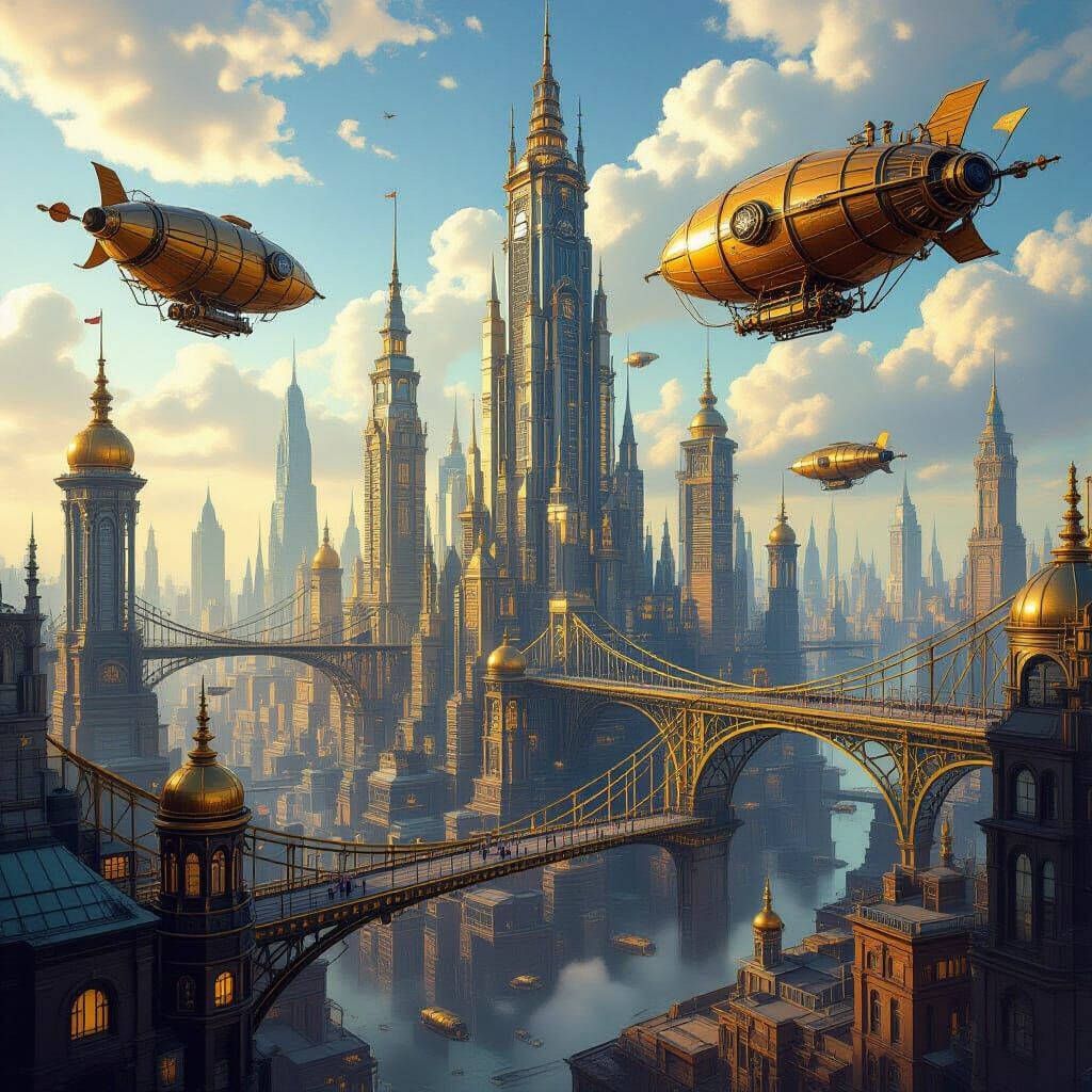 Steampunk Spider Silk Metropolis with Dirigibles