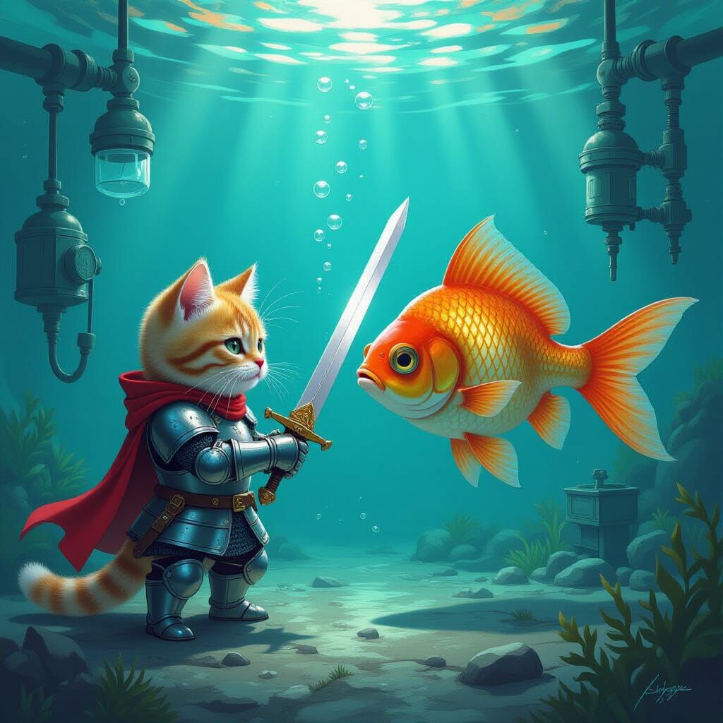 Cat Knight Fights Goldfish in Surreal Underwater Lab