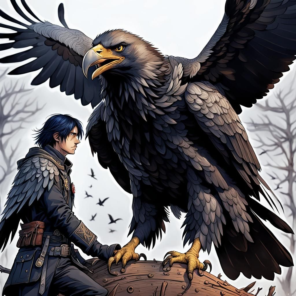 Eagle Learns From Crow in Comic Anime Style