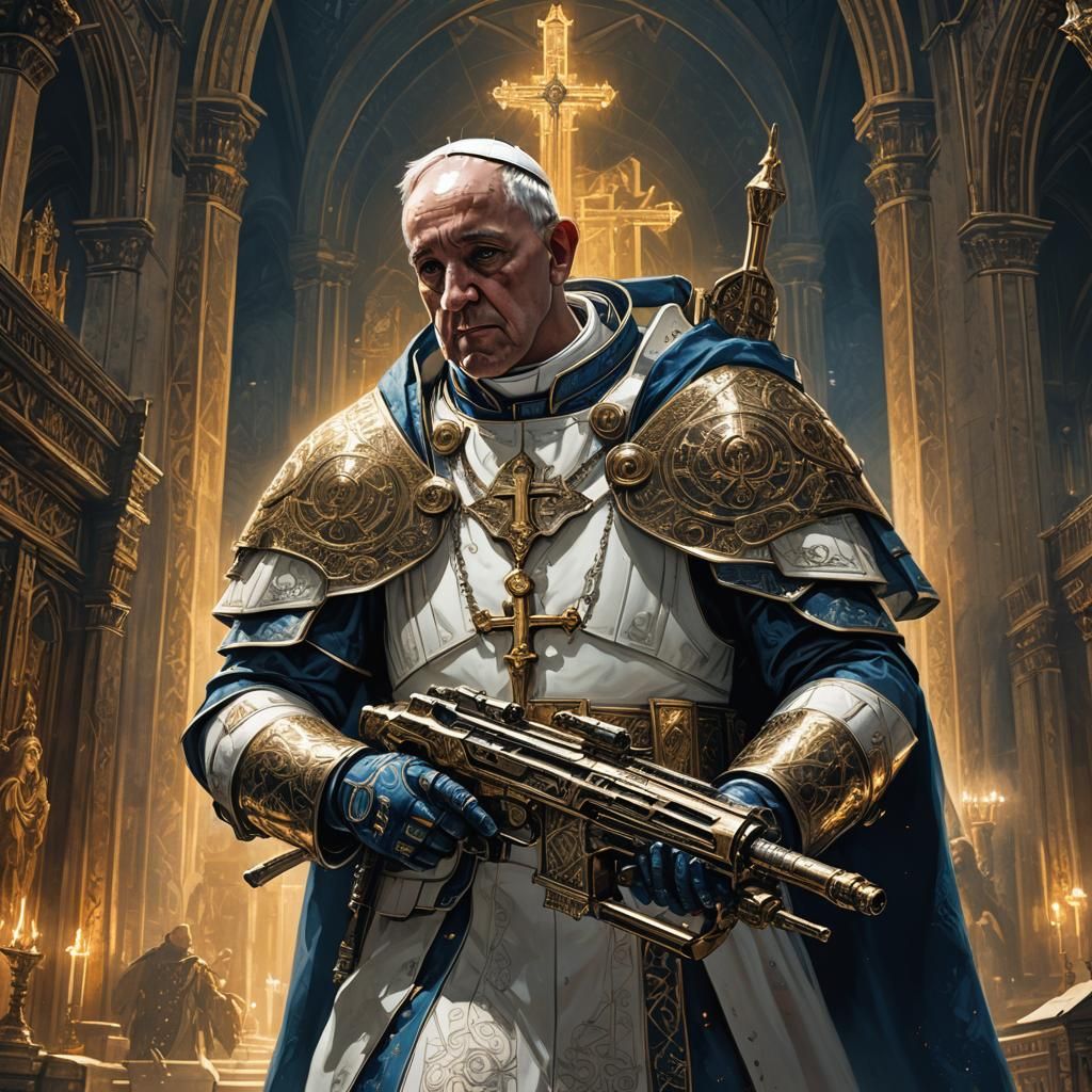 Pope with Futuristic Rifle in Mystical Cathedral