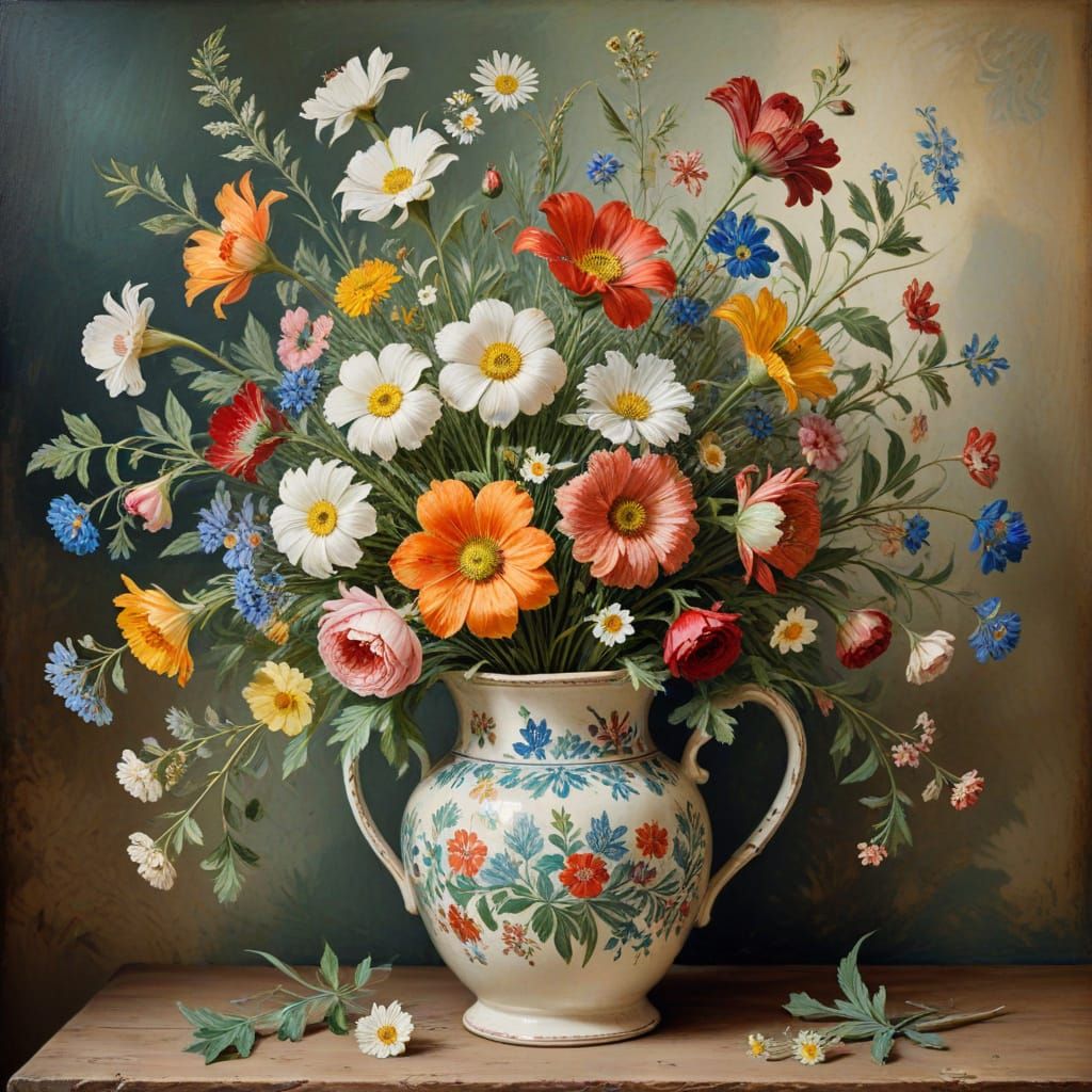 Vintage Floral Still Life in Distressed Oil Painting Style