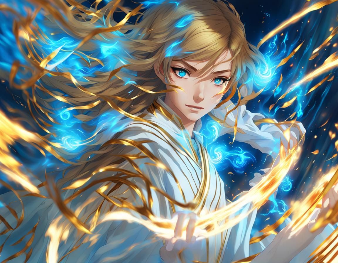 Anime Woman Unleashes Blue Flames Vortex