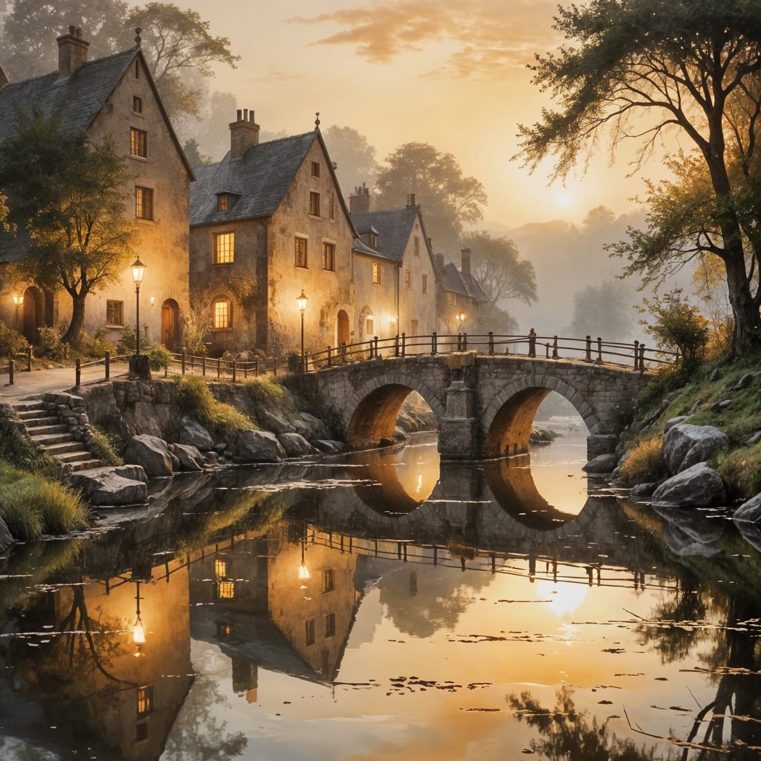 Twilight Village Scene in Earthy Tones