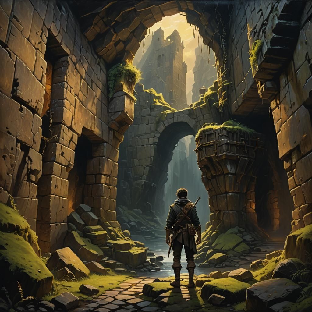 Adventurer in Dark Chasm with Hidden Treasure