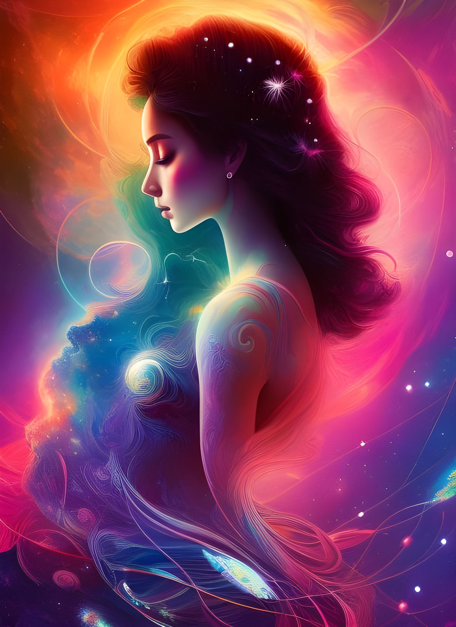 Galactic Humanoid Goddess in Swirling Nebulae