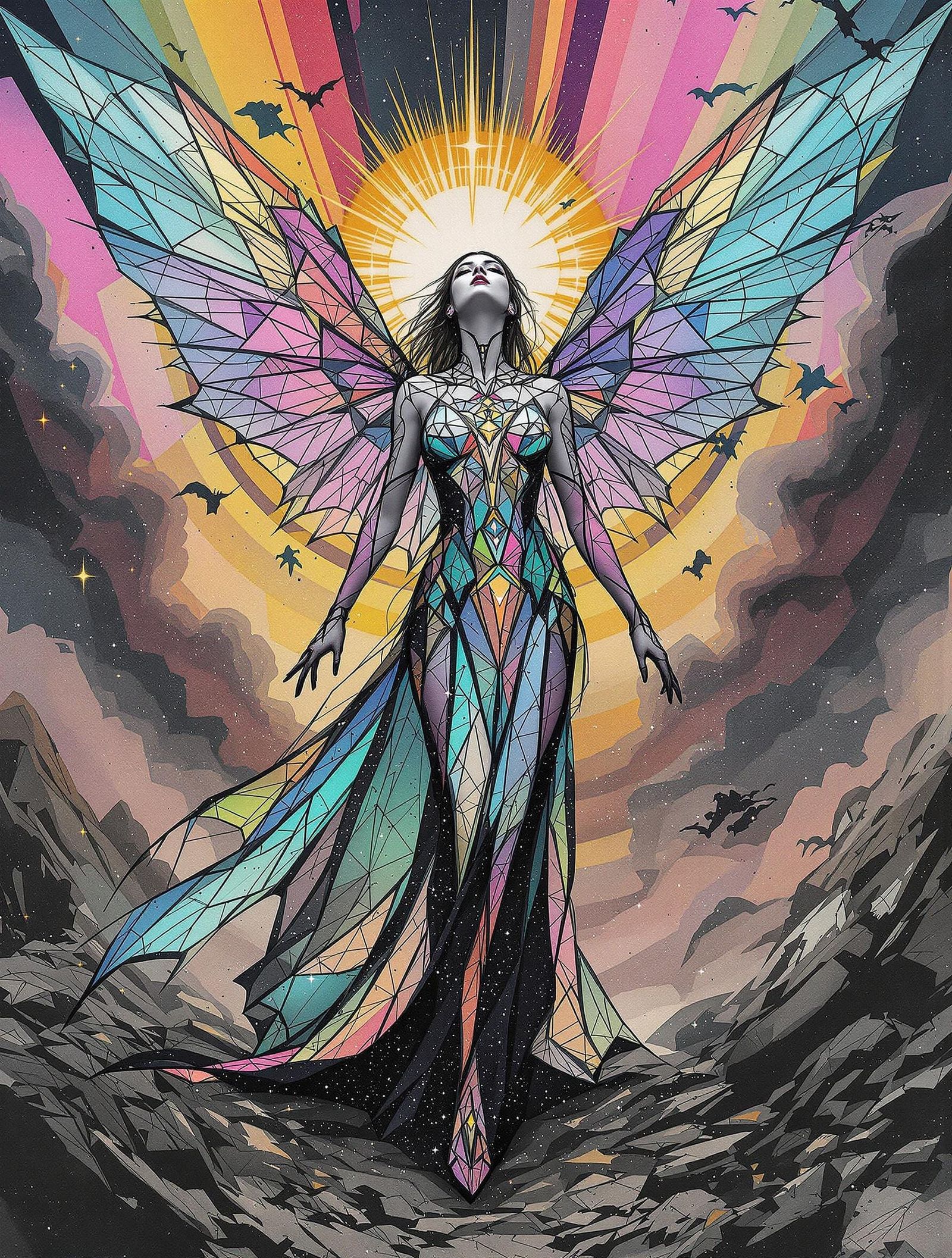 Glowing Goddess Ascends Amidst War-Torn Ruins in Vibrant Pas...