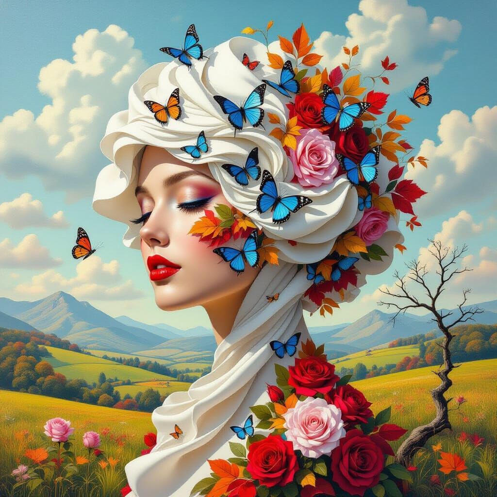 Hyperrealistic painting of a surreal portrait. A woman's fac...