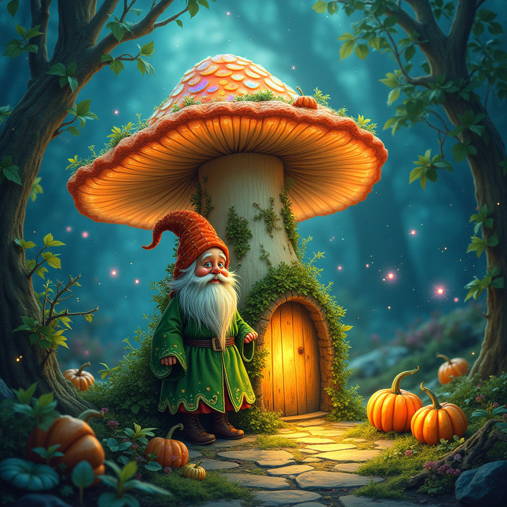 Luminescent Mushroom House with Gnome, in Visionary Art Styl...