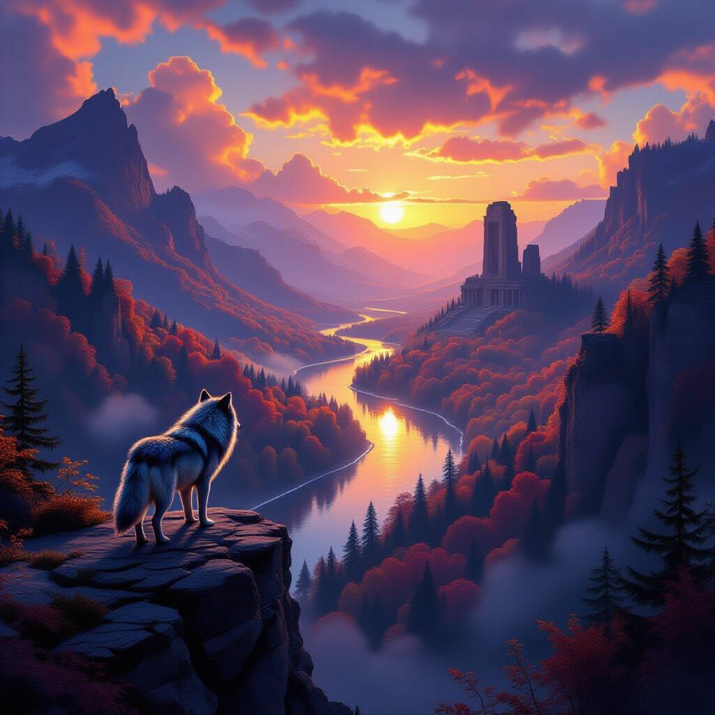 Lone Wolf Over Fiery Autumn Forest Landscape