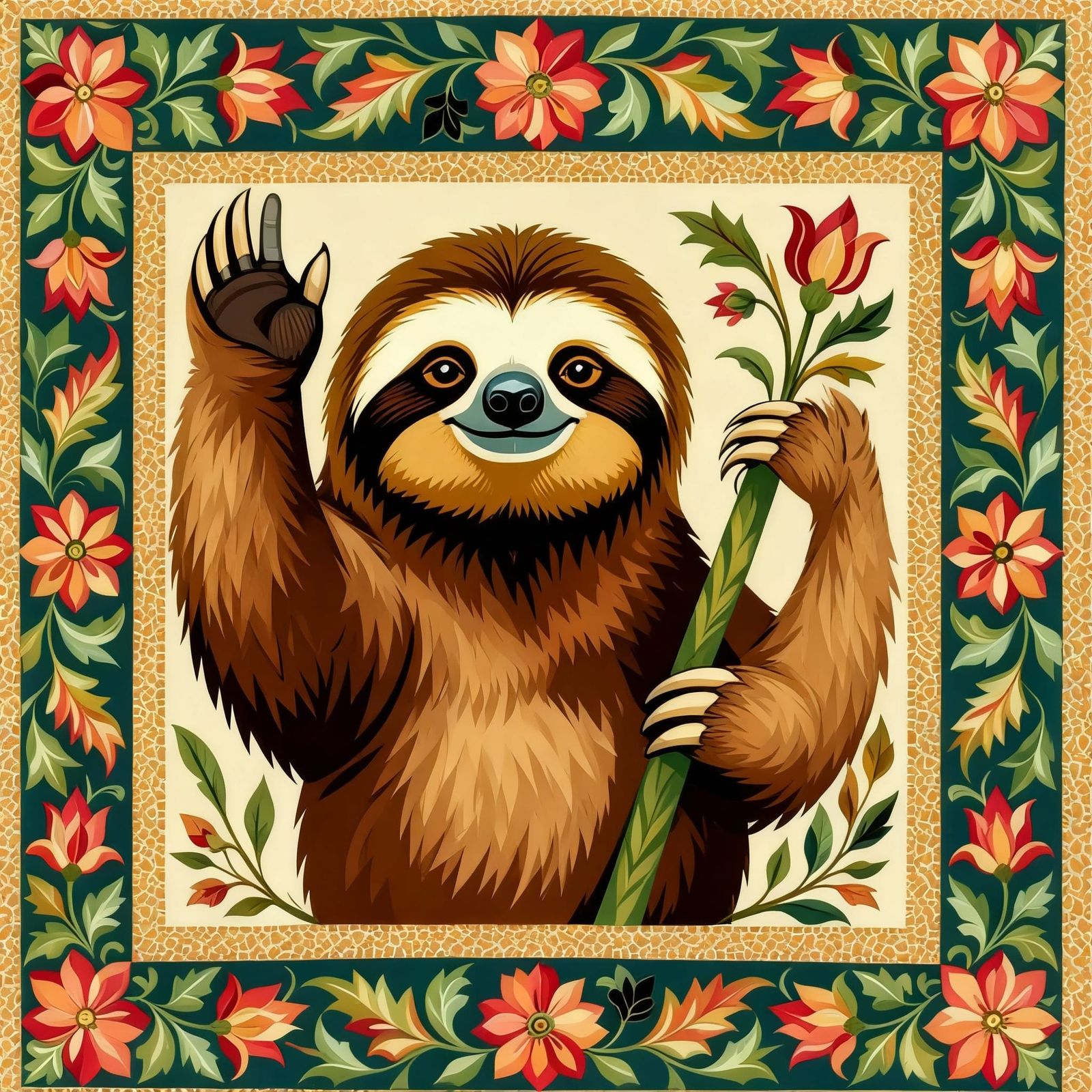 Quilt Design with Sloth Applique in William Morris Style