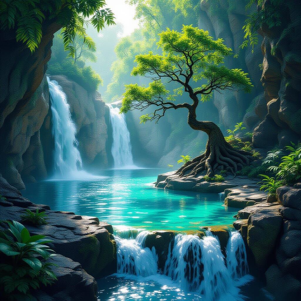 Cliffside Oasis: Hyper-Realistic 3D Digital Art