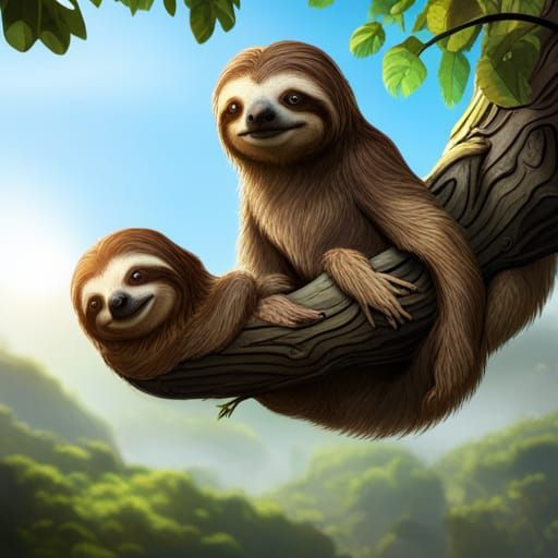 Sloth and Baby Sloth in a Tree: Detailed Matte Painting