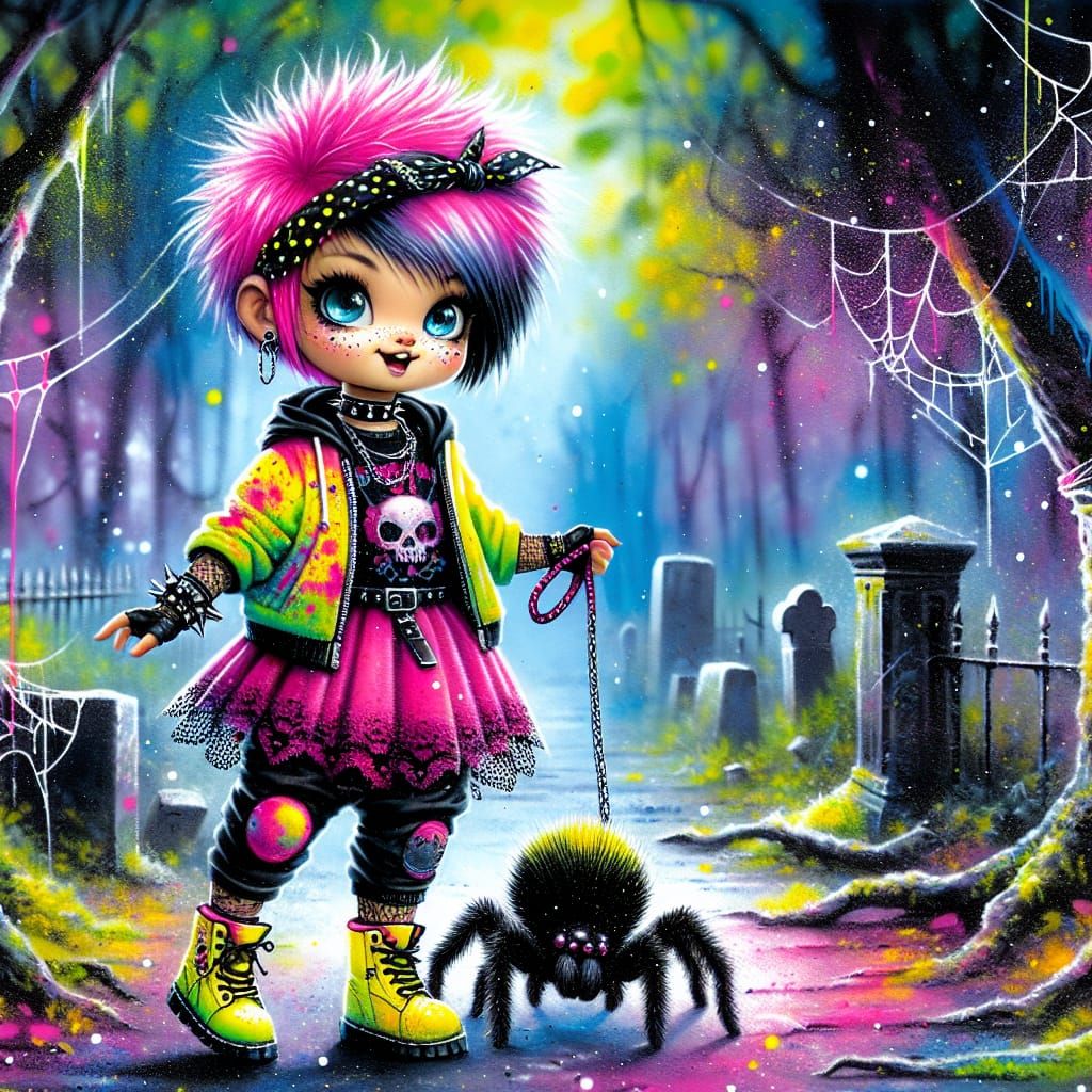 Punk Girl Walking Spider in Gothic Graffiti Style