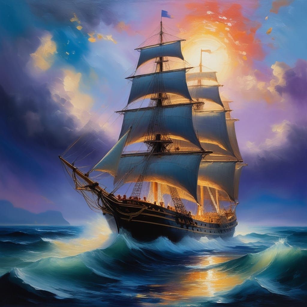 Majestic Ship on Surreal Midnight Waters with Luminous Hues