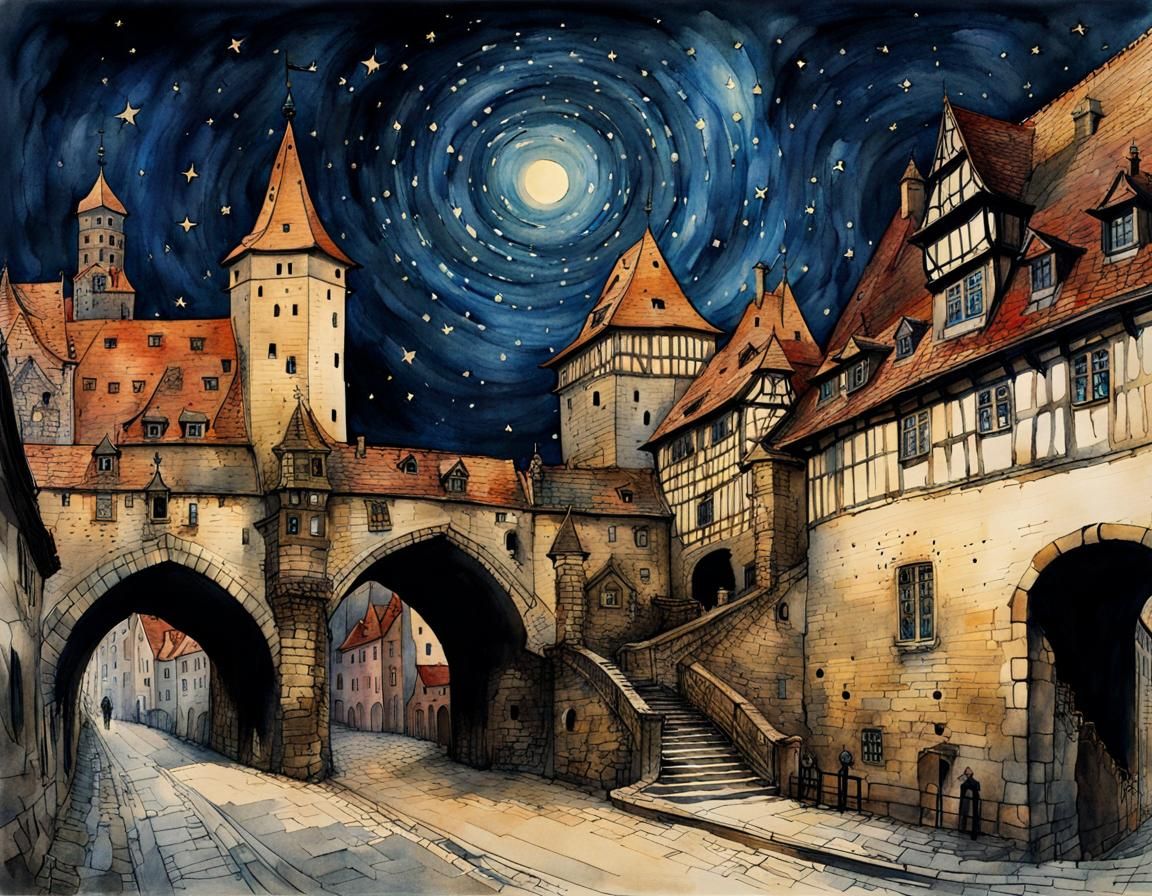 Nuremberg Castle in Starry Night Watercolour
