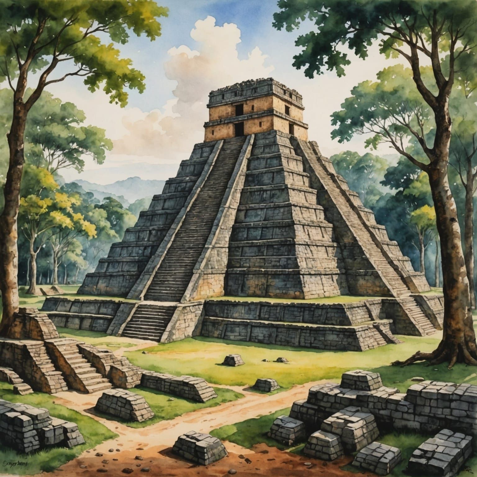 Watercolor Painting of Mayan Copán Ruins