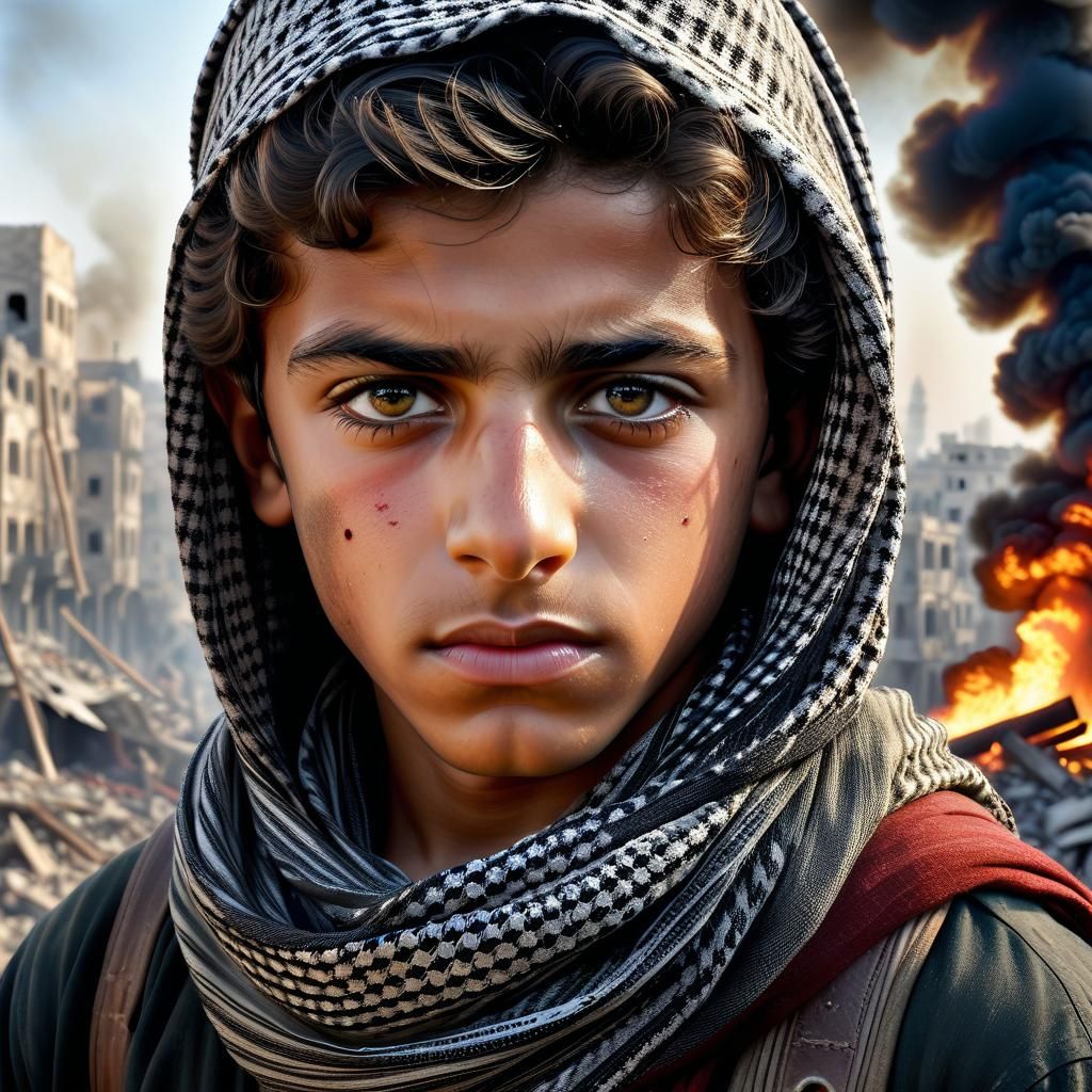 Young Boy in Gaza, Dramatic Hyperrealistic Portrait