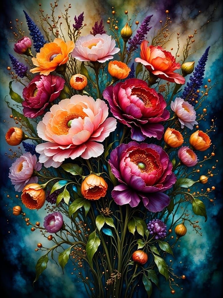 Vibrant Ranunculus Flowers in Dark, Moody Botanical Art