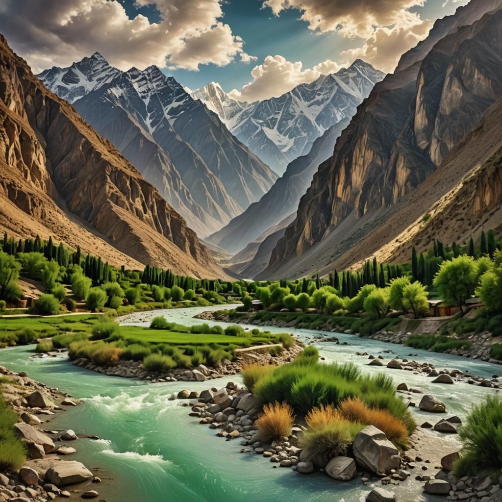 Majestic Hunza Mountains Landscape as Oil Painting