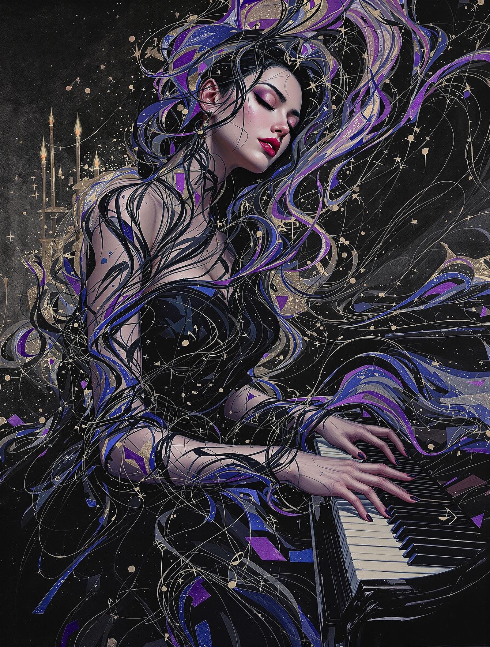 Pianist in Impasto Oil Painting with Musical Notation