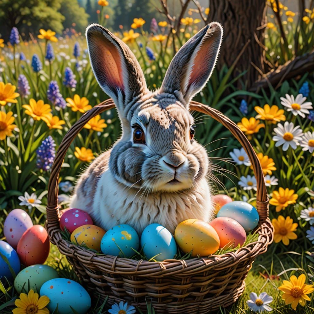 Surreal Spring Scene with Fluffy Rabbit and Easter Eggs in a...