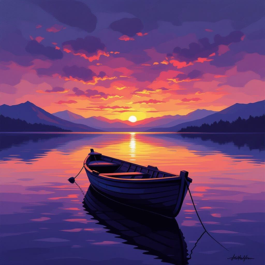 Weathered Boat on Glassy Lake at Twilight Impasto Painting