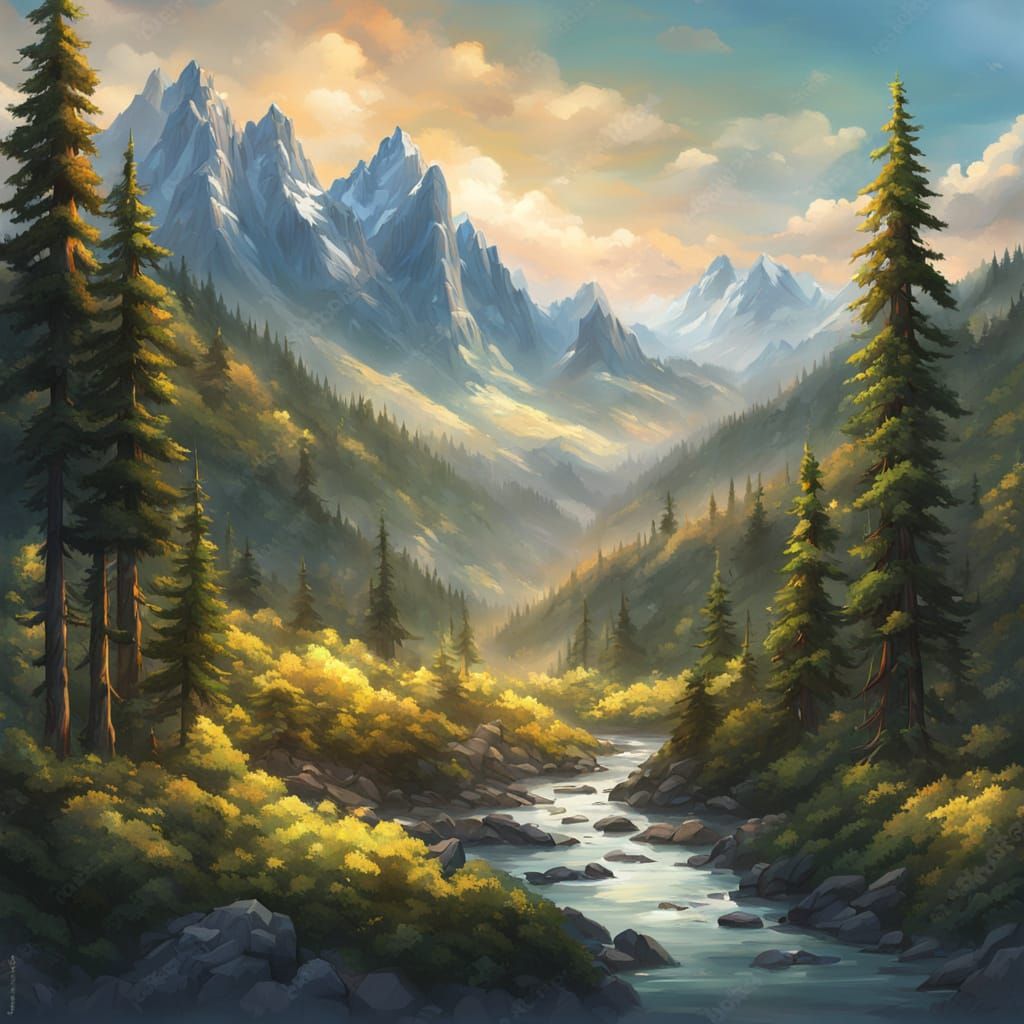 Epic Mountain Landscape Painting at Golden Hour