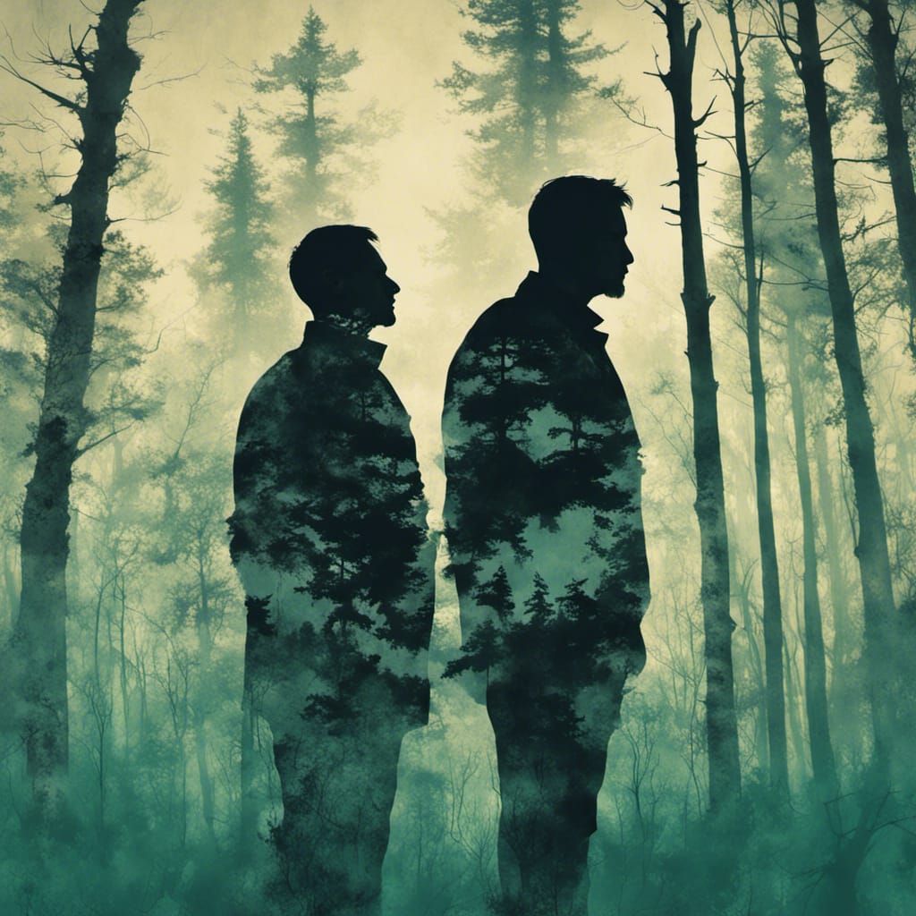 Silhouette Portrait: Men Cuddling in Psychedelic Forest