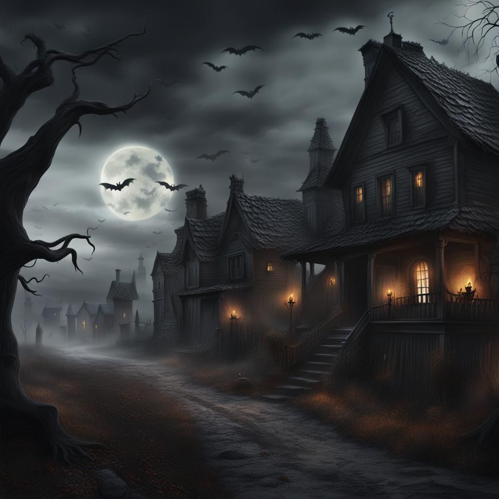 Haunted Village with Ghosts: Halloween Matte Painting