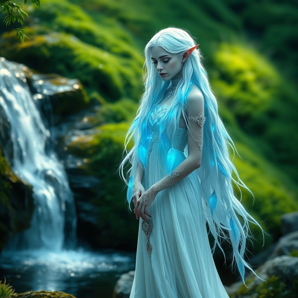 Ethereal Elf Figure Near Waterfall in Dreamy Style