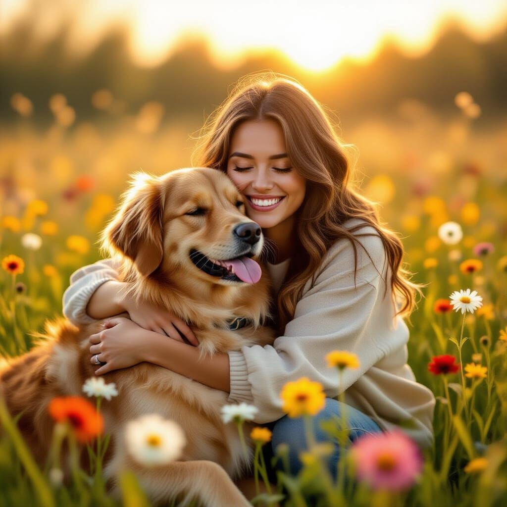 Joyful Hug Between Person and Golden Retriever in Golden Hou...