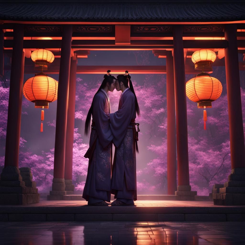 Hanfu Men Kissing in Shrine, Dark Fantasy Art