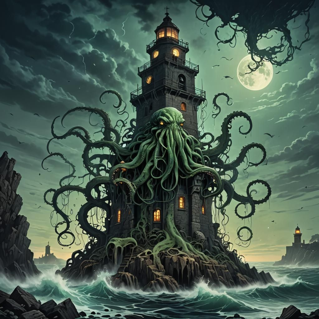 Cthulhu Emerges from the Depths in Gothic Horror Style