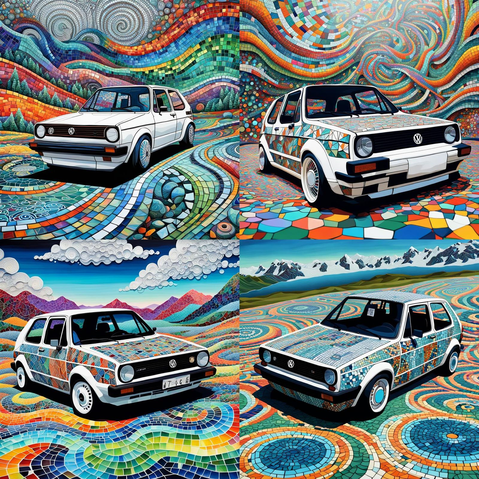 Mosaic Volkswagen Golf 1 in Geometric Landscape