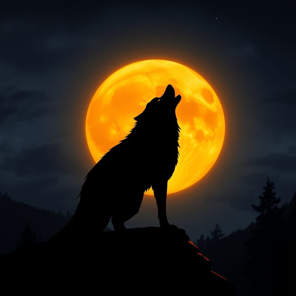 Wolf Howling at Harvest Moon in Moody Concept Art Style