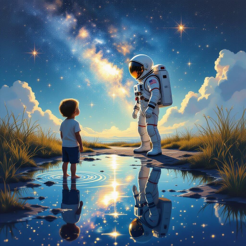 Child's Reflection Becomes Astronaut in Magical Puddle