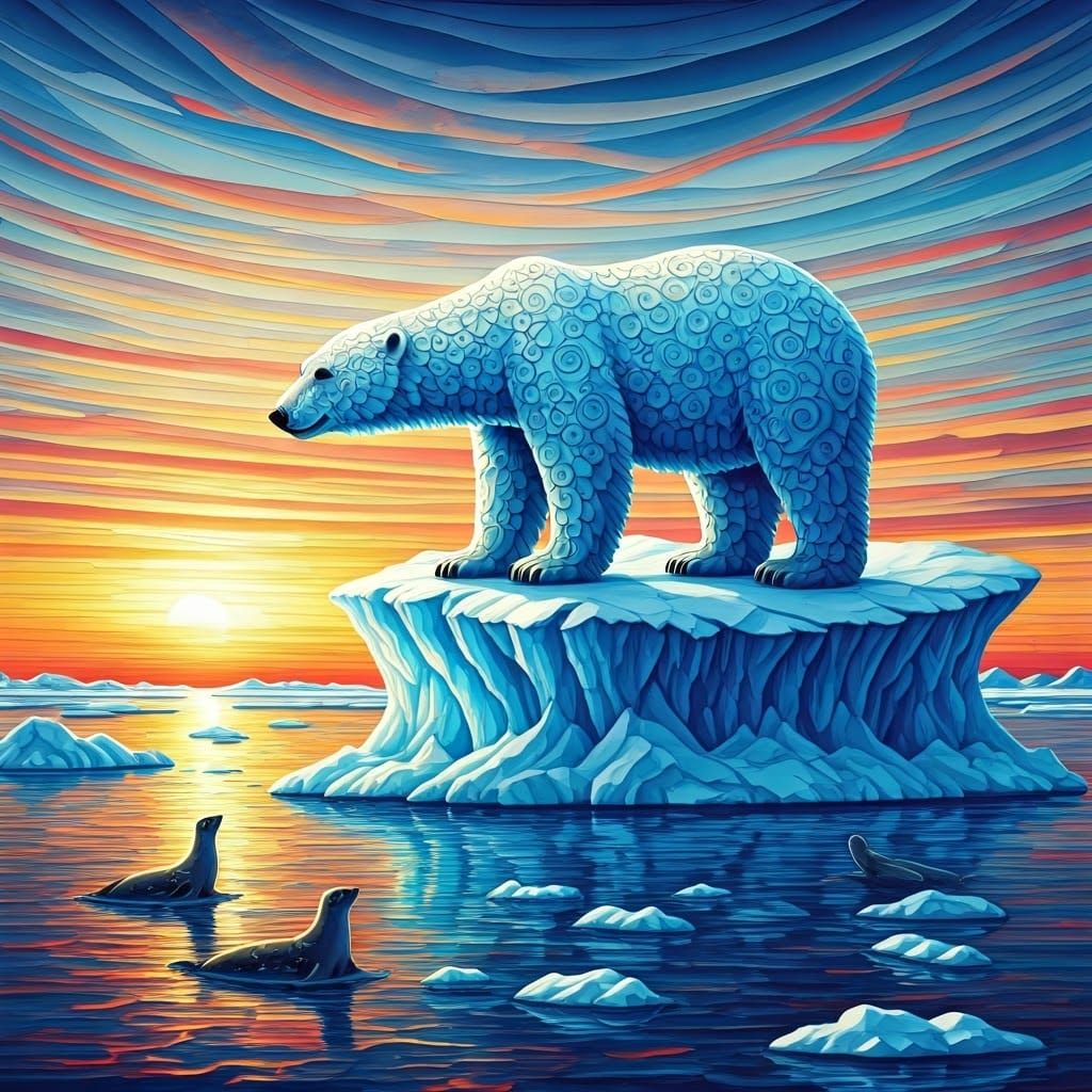 Glass Polar Bear Enamel Mosaic in Arctic Sunset
