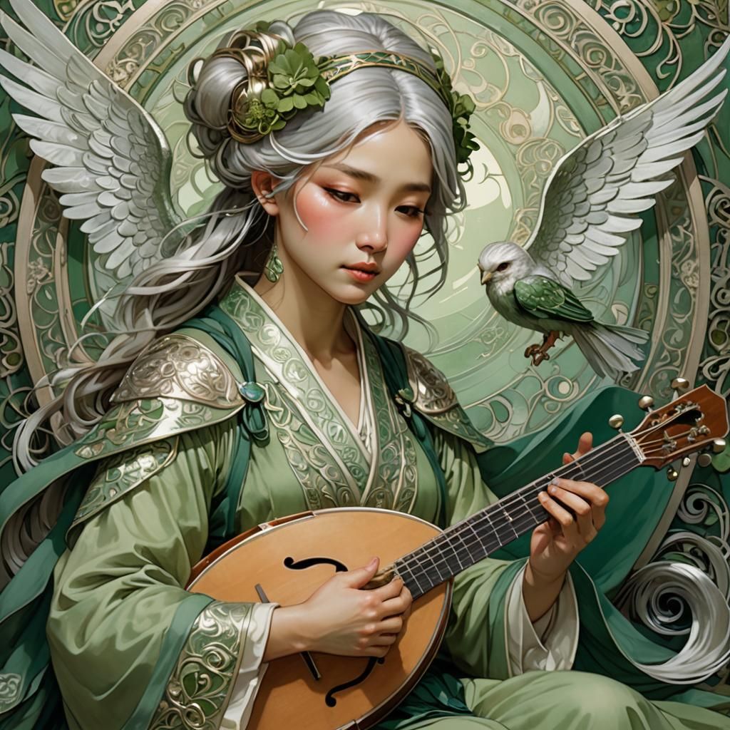 Aasimar Woman Plays Mandolin in Art Nouveau Style