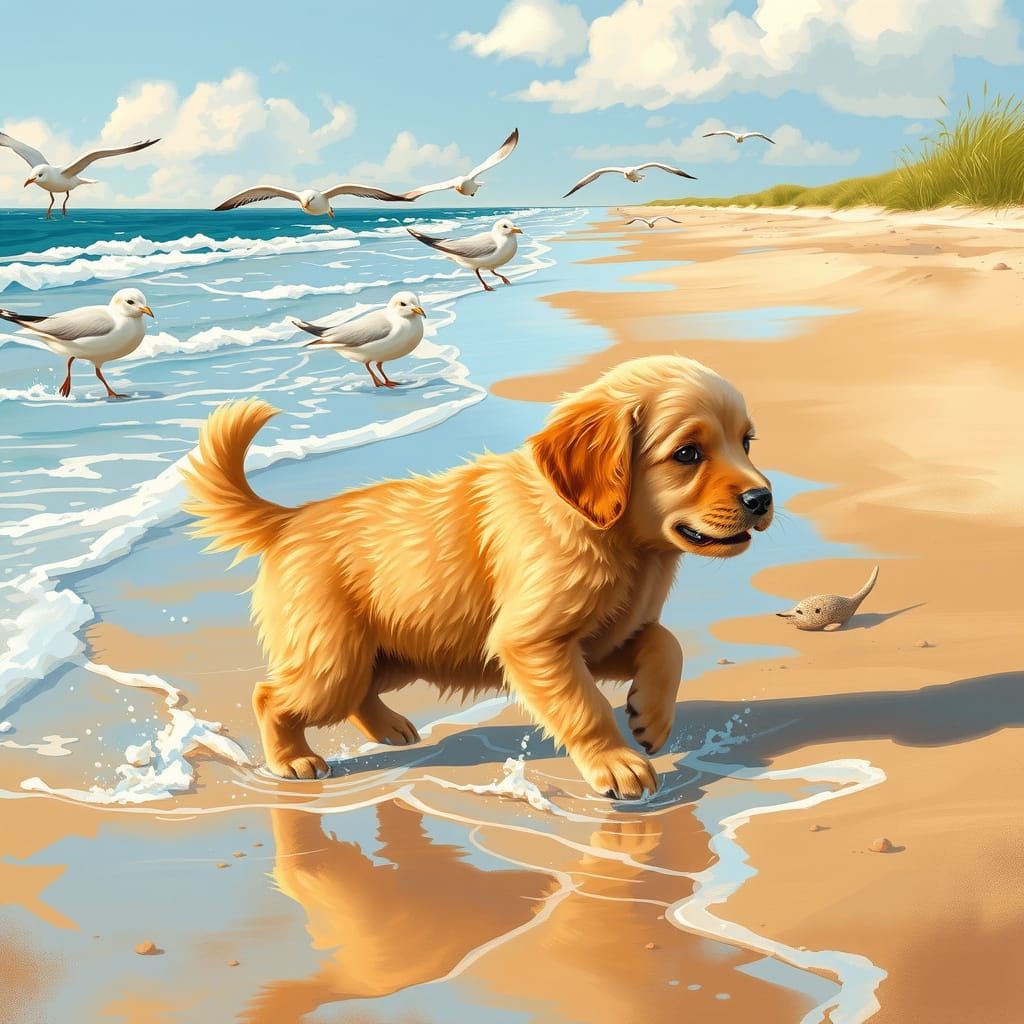 Golden Retriever Puppy Plays on Sunny Beach in Vibrant Impre...