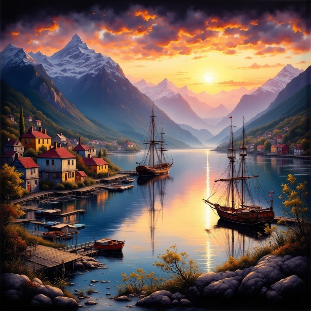 Tranquil Bay with Sailing Ships: Impressionistic Style