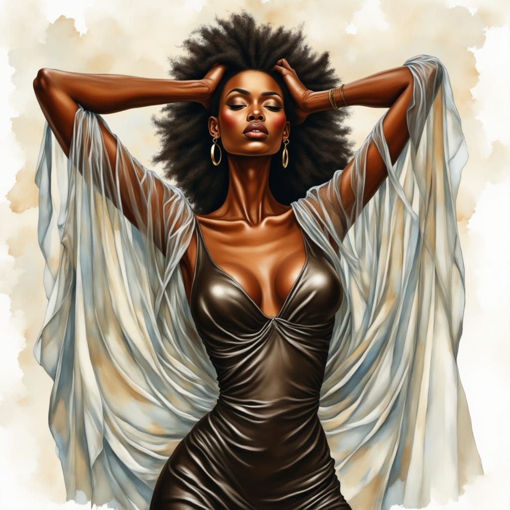 Elegant Black Woman in Sheer Shawl Illustration