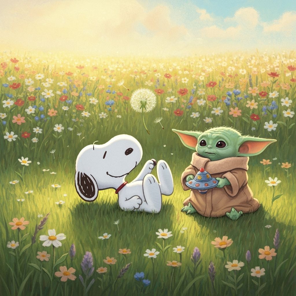 Snoopy and Baby Yoda in a Whimsical Meadow